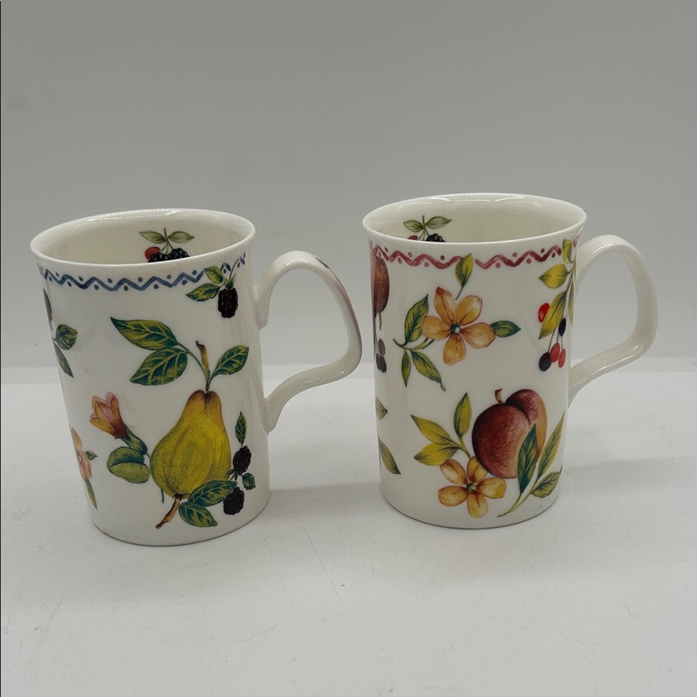 Pair Autumn Fruit Roy Kirkham Coffee Cups England Fine Bone China Peach Pear